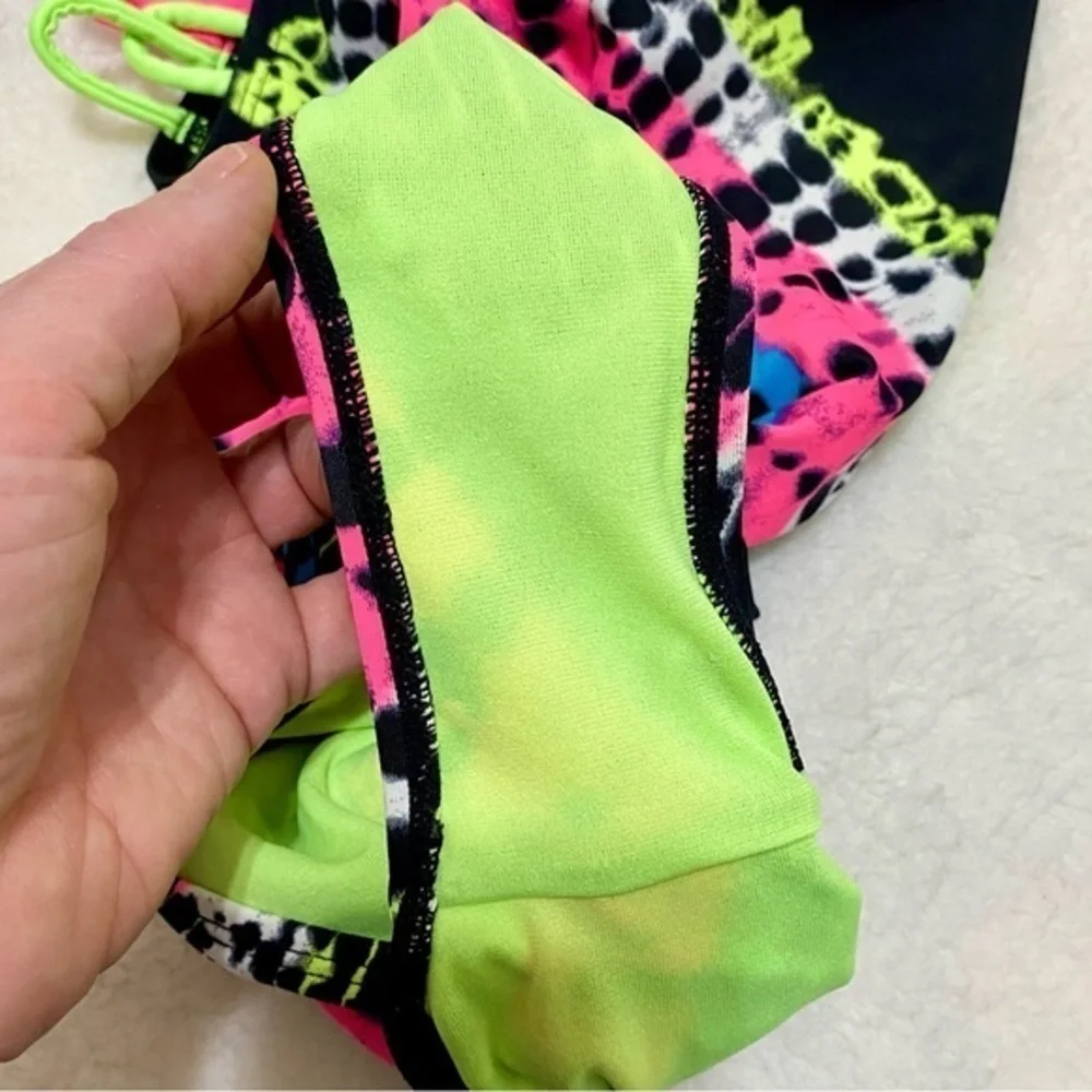 Justice girls one piece swimsuit black with pink blue yellow neon tie dye 8